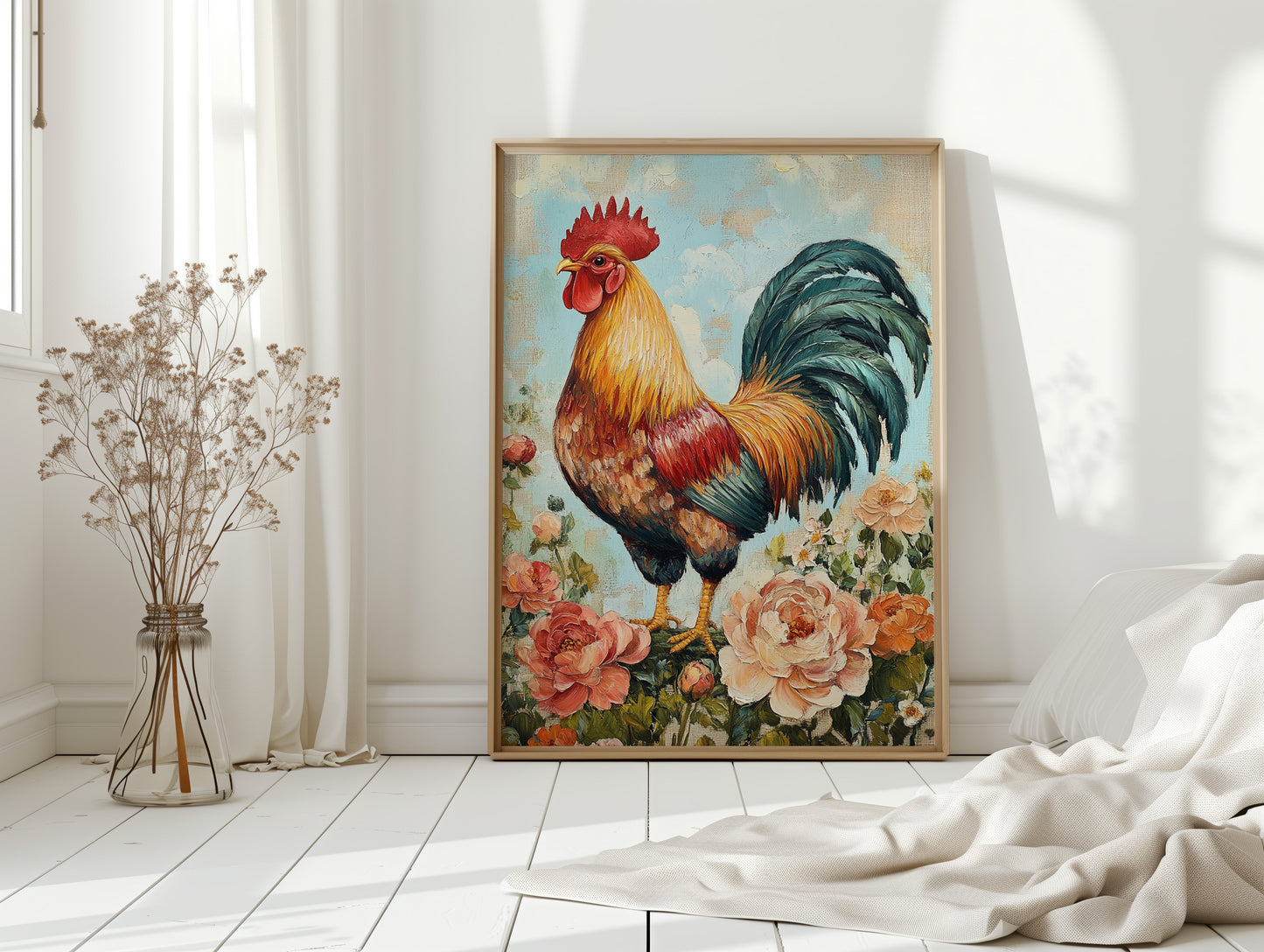 Sunlit Rooster Wall Art - Floral Farmhouse Print