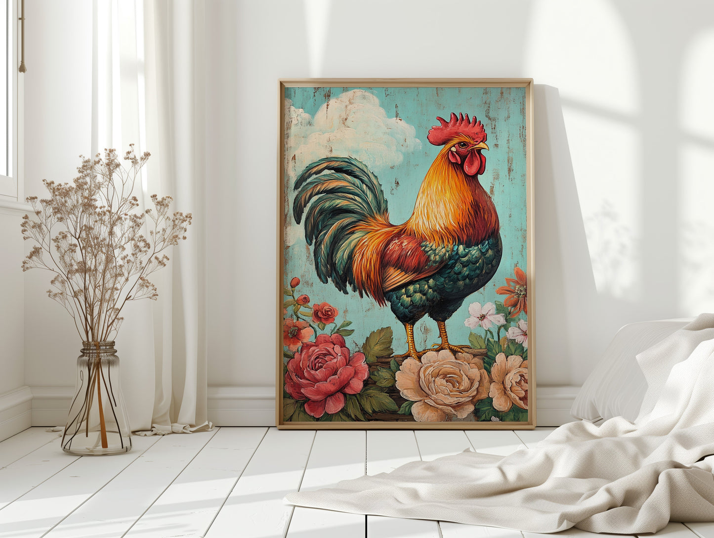 King Rooster Wall Art - Floral Farmhouse Print