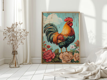 King Rooster Wall Art - Floral Farmhouse Print