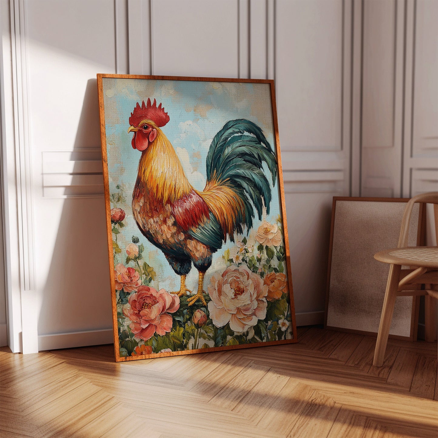 Sunlit Rooster Wall Art - Floral Farmhouse Print