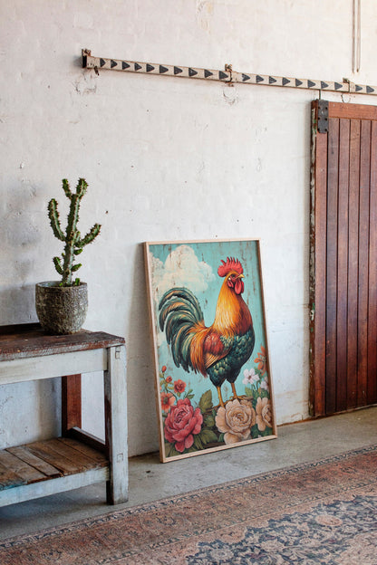 King Rooster Wall Art - Floral Farmhouse Print
