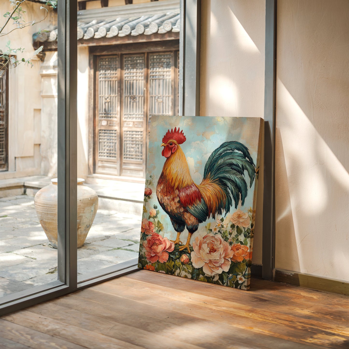 Sunlit Rooster Wall Art - Floral Farmhouse Print