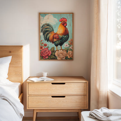 King Rooster Wall Art - Floral Farmhouse Print