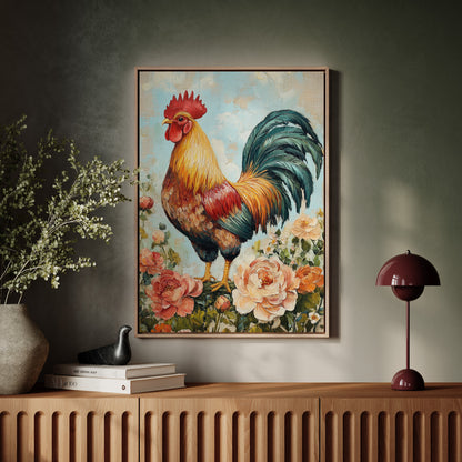 Sunlit Rooster Wall Art - Floral Farmhouse Print