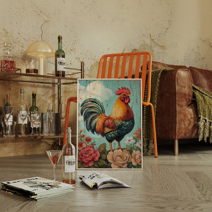 King Rooster Wall Art - Floral Farmhouse Print