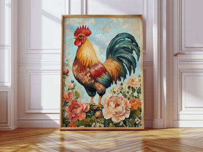 Sunlit Rooster Wall Art - Floral Farmhouse Print