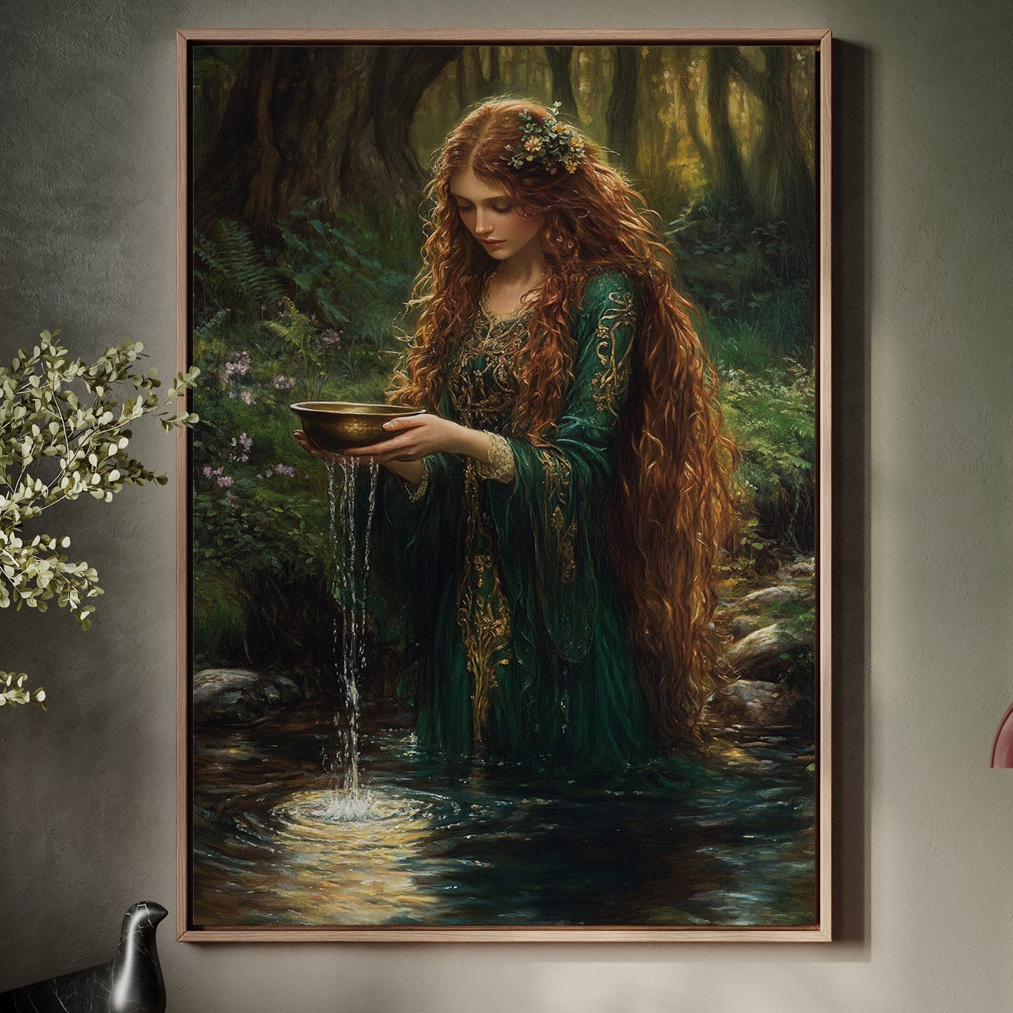 Glimmers in the forest stream giclee wall art print of woman by woodland water