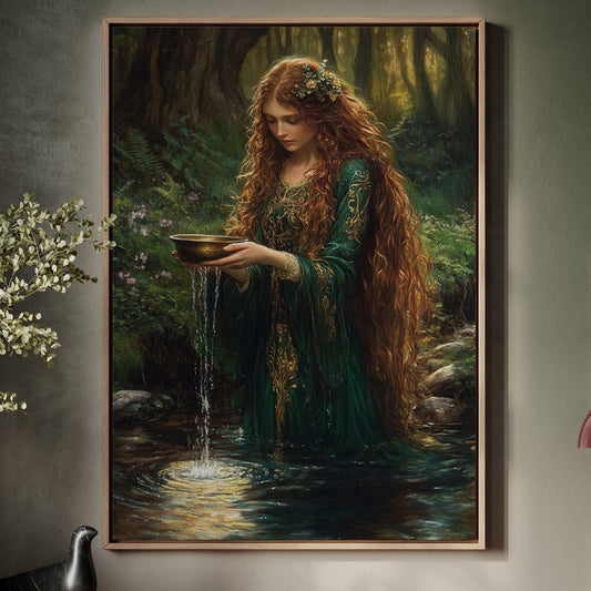 Glimmers in the forest stream giclee wall art print of woman by woodland water