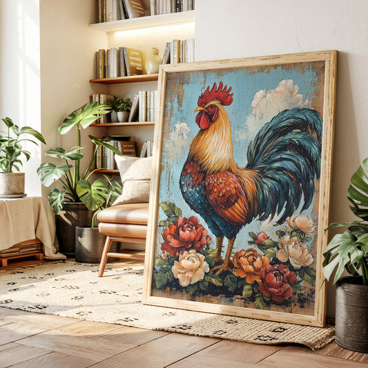 Rustic Rooster Reverie farmhouse wall art print with colorful feathers