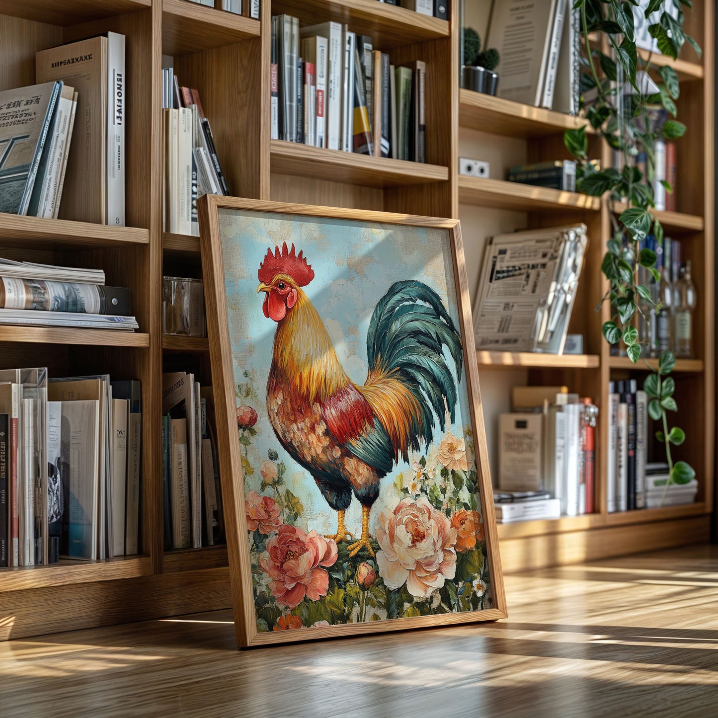 Sunlit Rooster Wall Art - Floral Farmhouse Print
