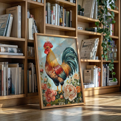 Sunlit Rooster Wall Art - Floral Farmhouse Print