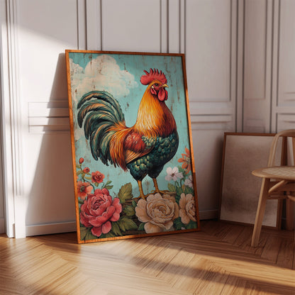 King Rooster Wall Art - Floral Farmhouse Print