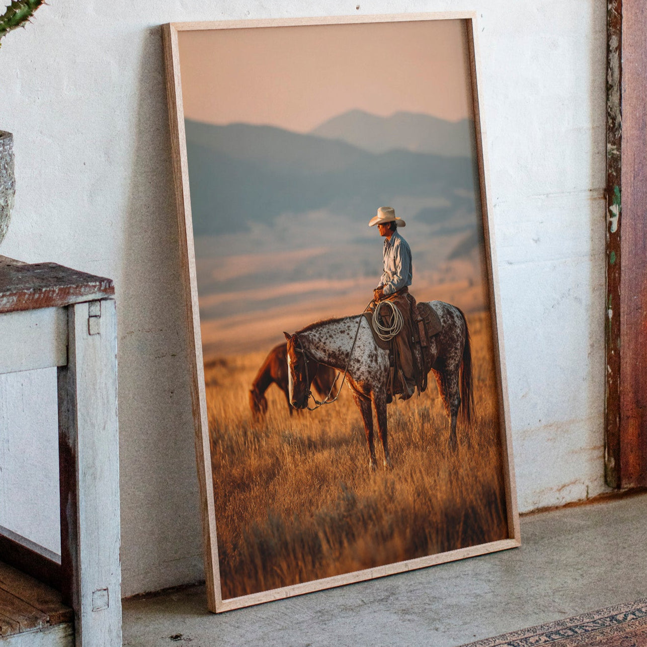 Sunlit prairie cowboy and horse western wall art print in golden dusk light