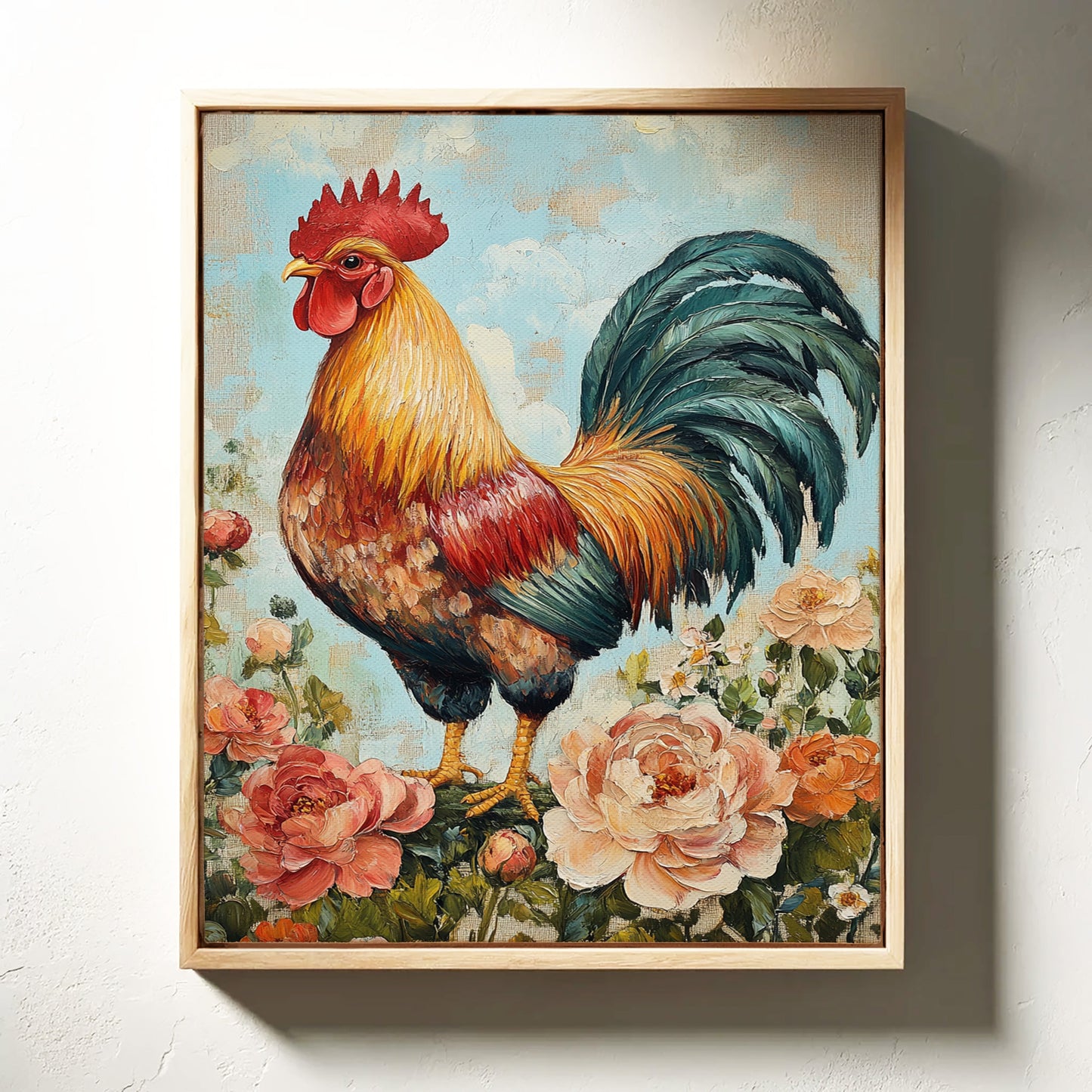 Sunlit Rooster Wall Art - Floral Farmhouse Print
