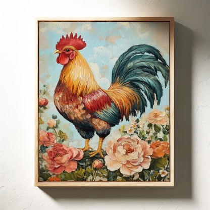 Sunlit Rooster Wall Art - Floral Farmhouse Print
