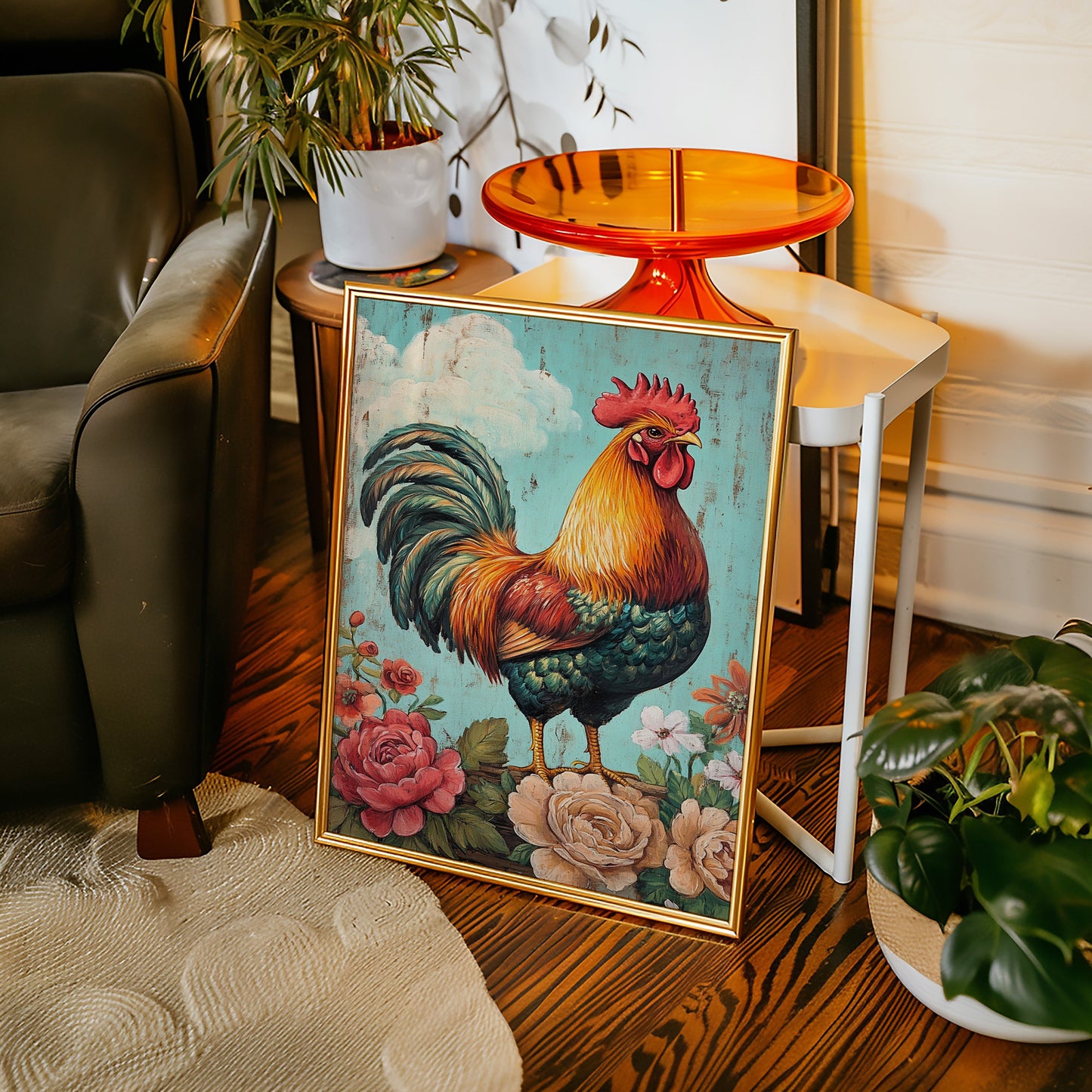 King Rooster Wall Art - Floral Farmhouse Print