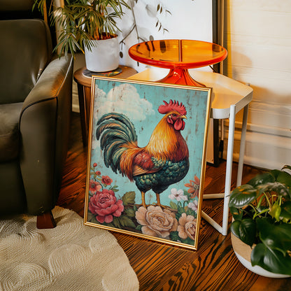 King Rooster Wall Art - Floral Farmhouse Print