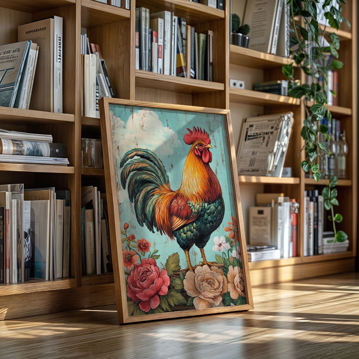 King Rooster Wall Art - Floral Farmhouse Print