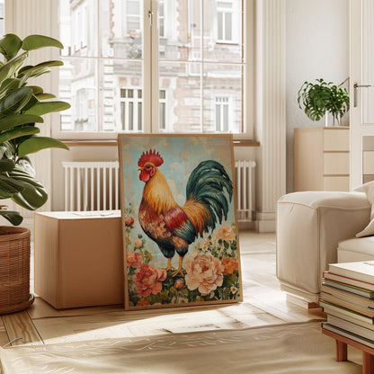 Sunlit Rooster Wall Art - Floral Farmhouse Print