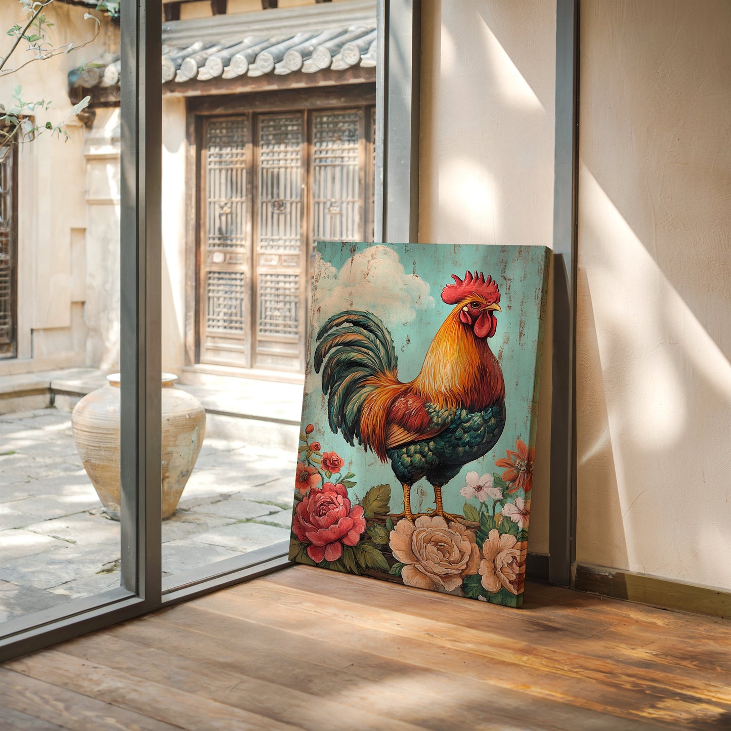 King Rooster Wall Art - Floral Farmhouse Print