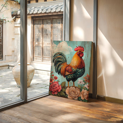 King Rooster Wall Art - Floral Farmhouse Print