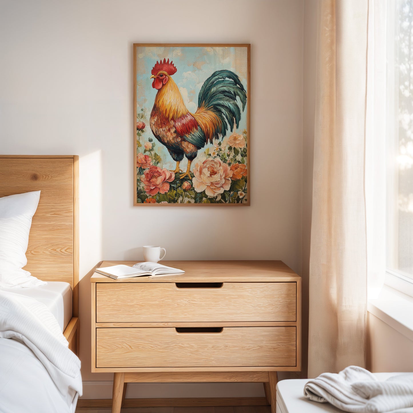 Sunlit Rooster Wall Art - Floral Farmhouse Print