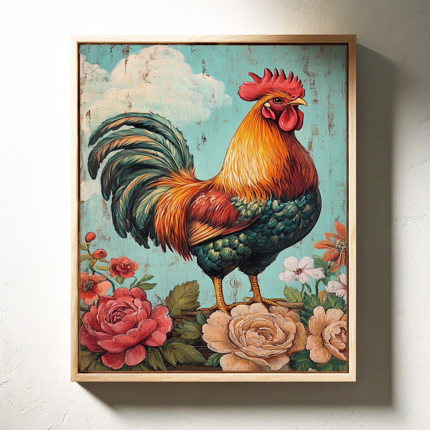 King Rooster Wall Art - Floral Farmhouse Print