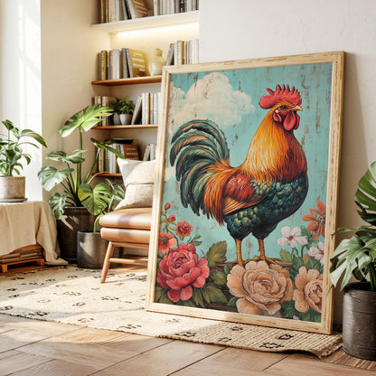 King Rooster Wall Art - Floral Farmhouse Print
