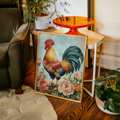 Sunlit Rooster Wall Art - Floral Farmhouse Print