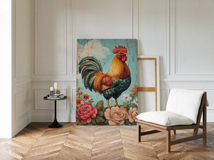 King Rooster Wall Art - Floral Farmhouse Print