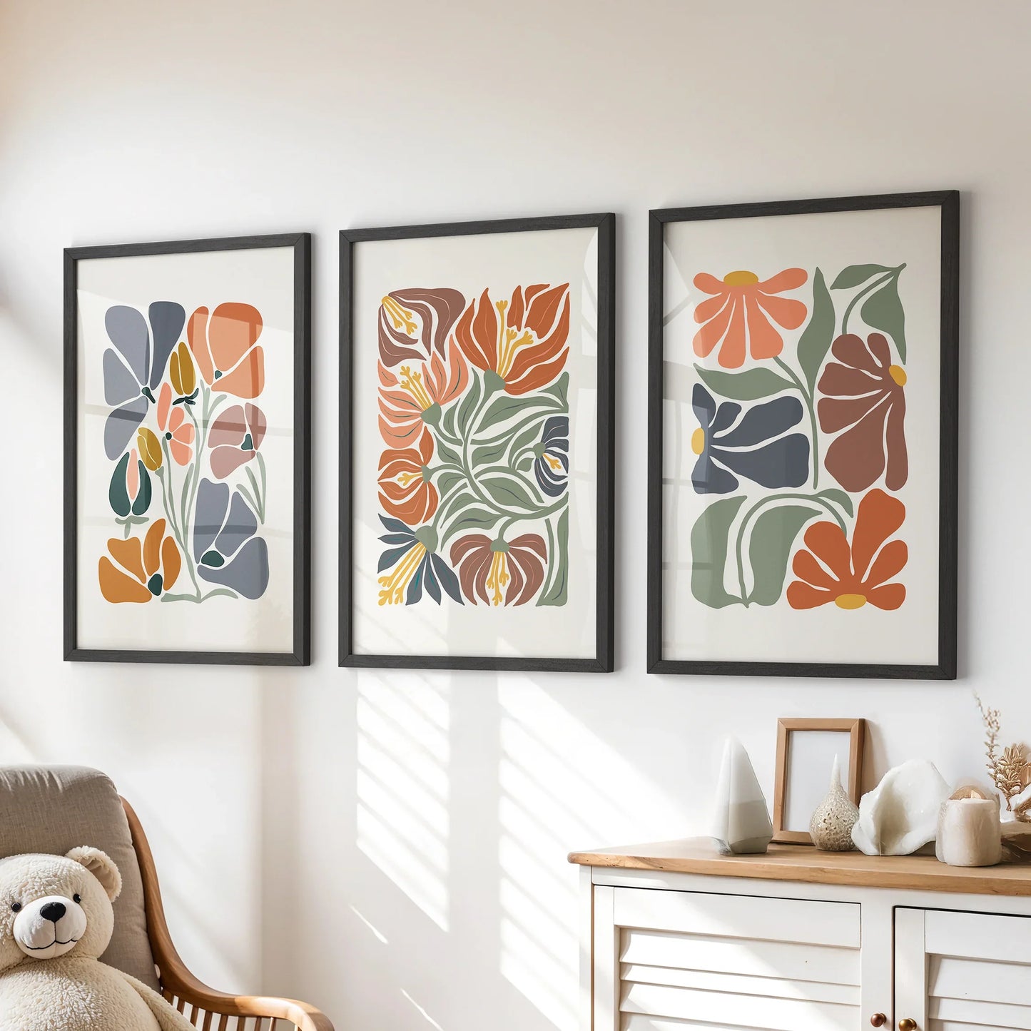 Boho Botanical Wall Art Set of 3 Abstract Flowers