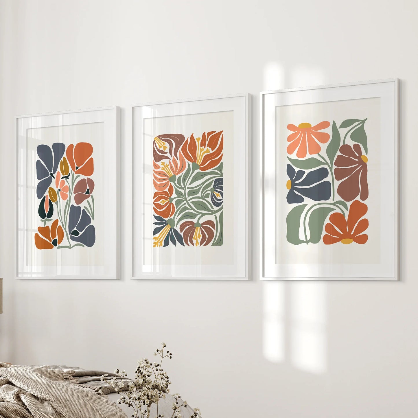 Boho Botanical Wall Art Set of 3 Abstract Flowers