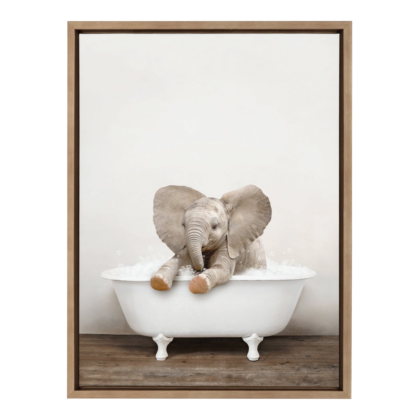 Baby Elephant in Rustic Bath Framed Canvas Wall Art