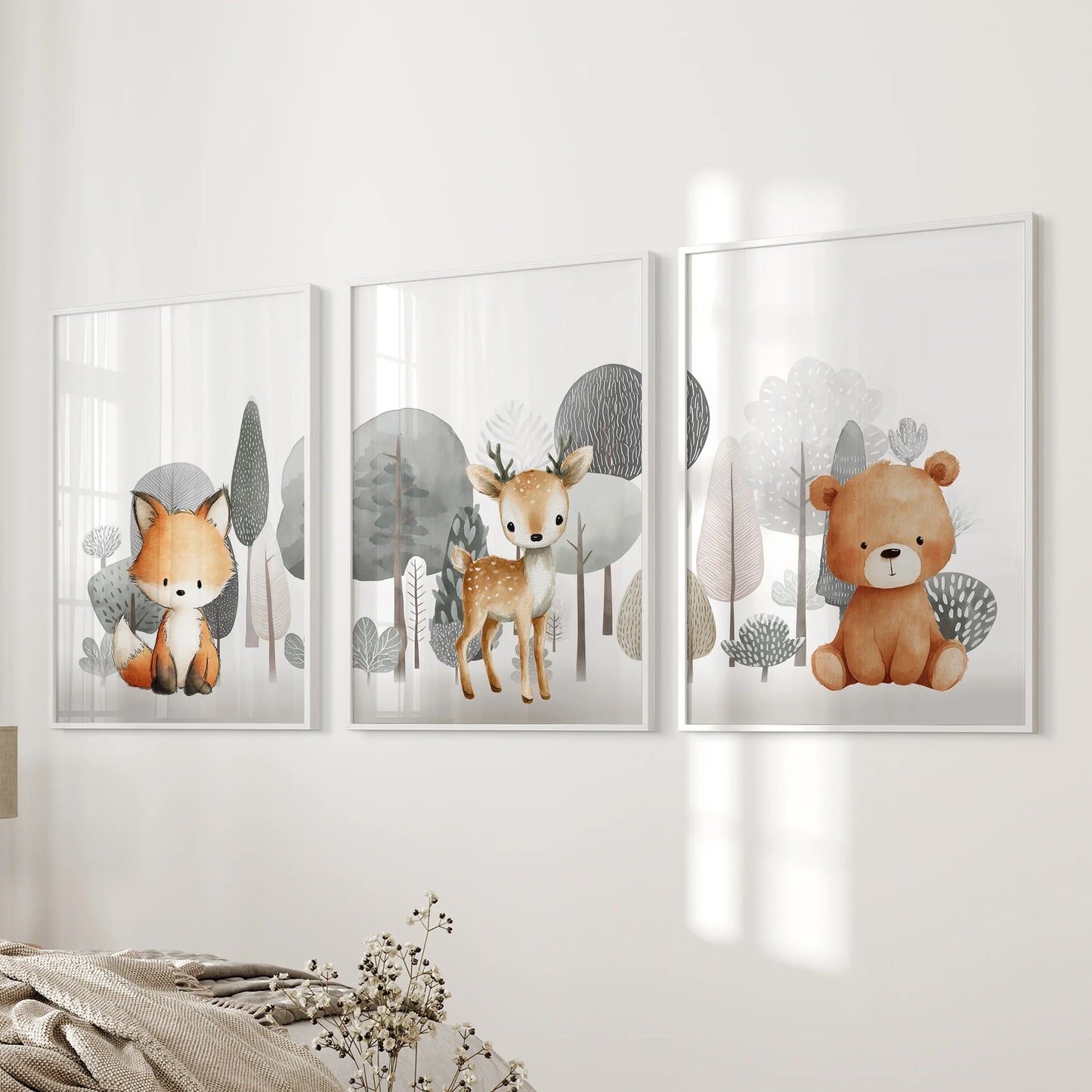 Woodland Animal Nursery Wall Art, Fox Fawn Bear Set of 3