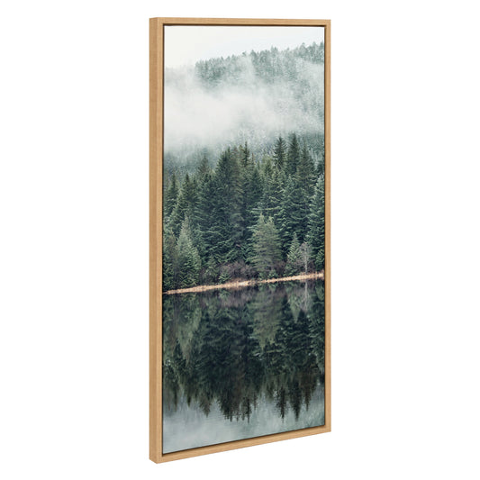 Misty forest framed canvas wall art with smoky tree-covered hills