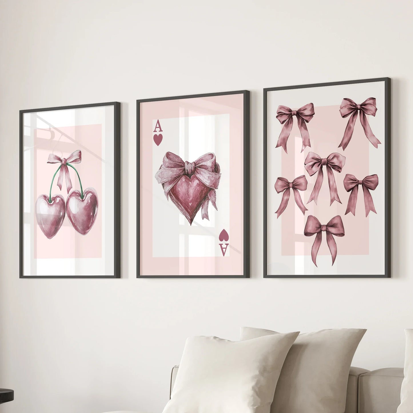 Coquette Cherry Wall Art Set of 3 Pink Romantic Decor