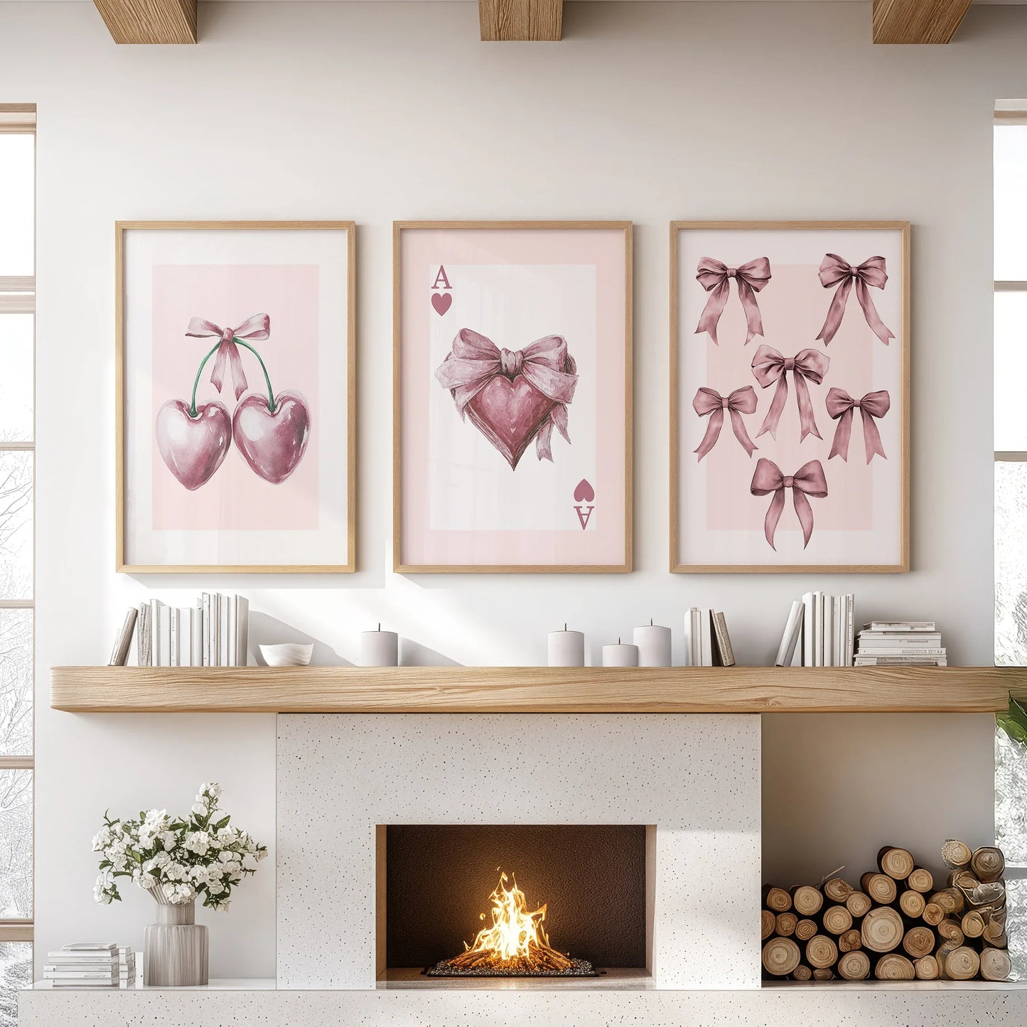 Coquette Cherry Wall Art Set of 3 Pink Romantic Decor