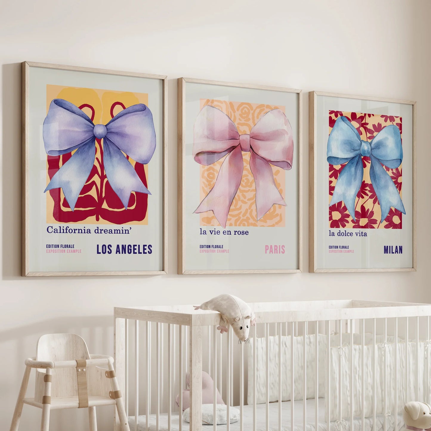 Girly Bow Wall Art Set of 3 Preppy Pastel Prints