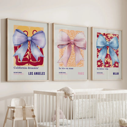 Girly Bow Wall Art Set of 3 Preppy Pastel Prints