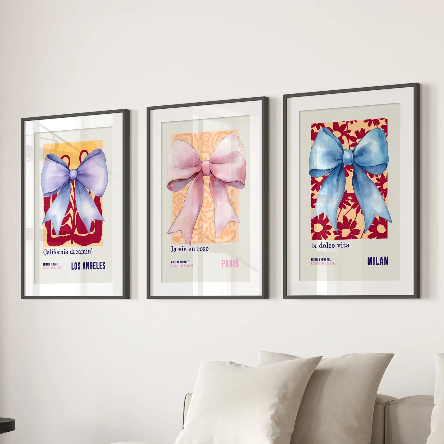 Girly Bow Wall Art Set of 3 Preppy Pastel Prints