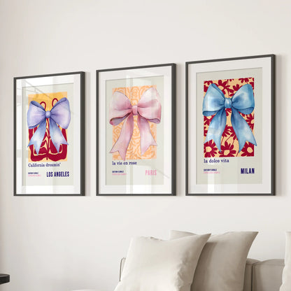 Girly Bow Wall Art Set of 3 Preppy Pastel Prints