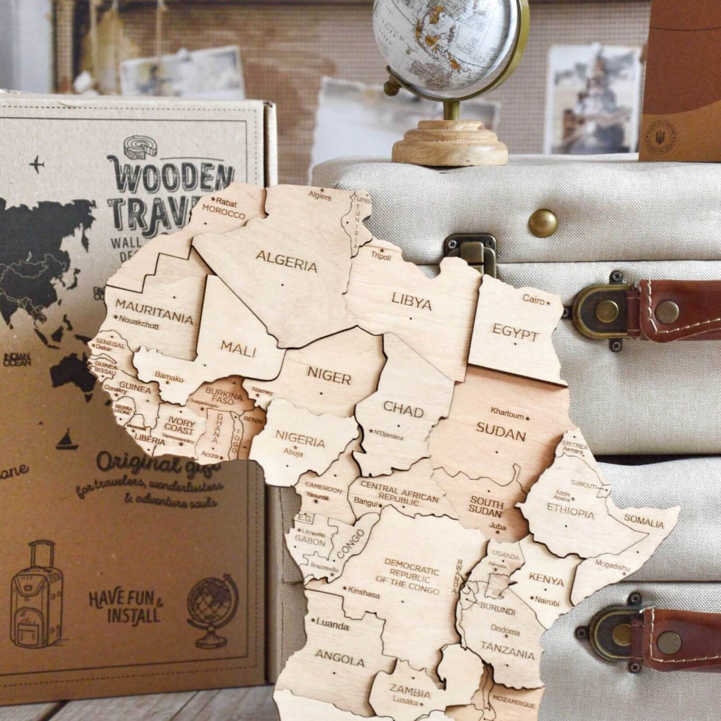 3D Wooden World Map Wall Art With Flag Pins