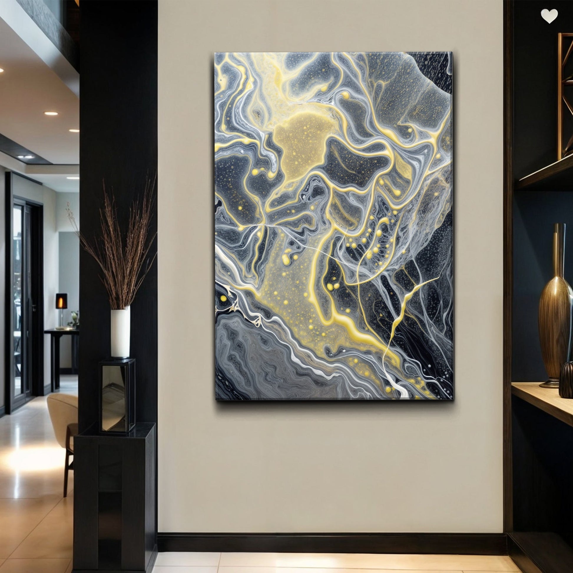 Golden flow abstract canvas wall art with swirling gold currents on dark background