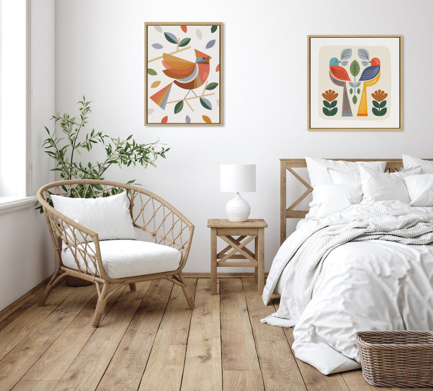 Folk Birds Harvest Framed Canvas Wall Art