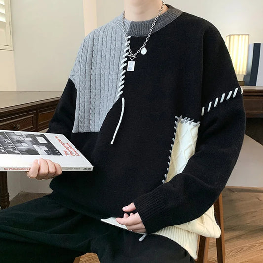 gray black and white patch knit sweater design
