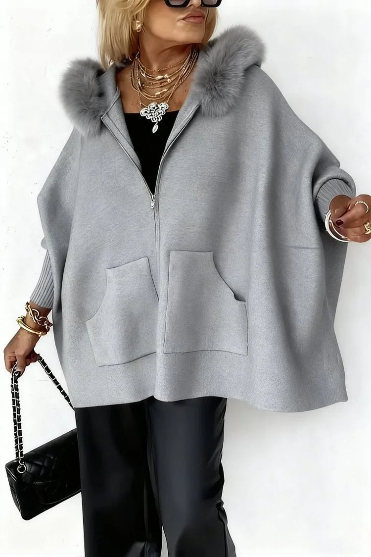 gray faux fur hooded cape front view
