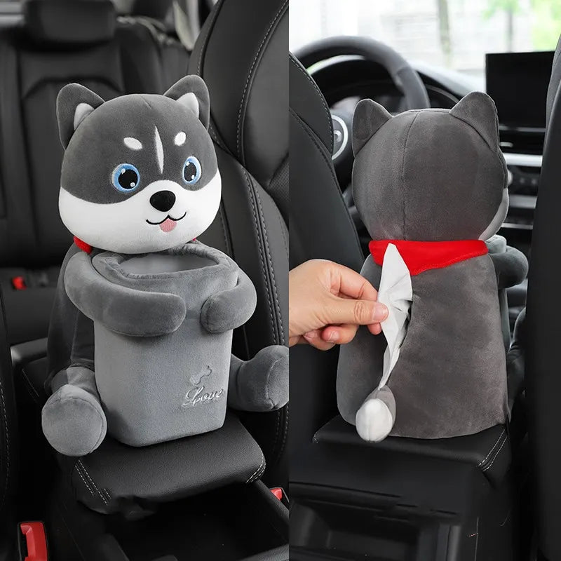 gray husky plush car organizer for tissues