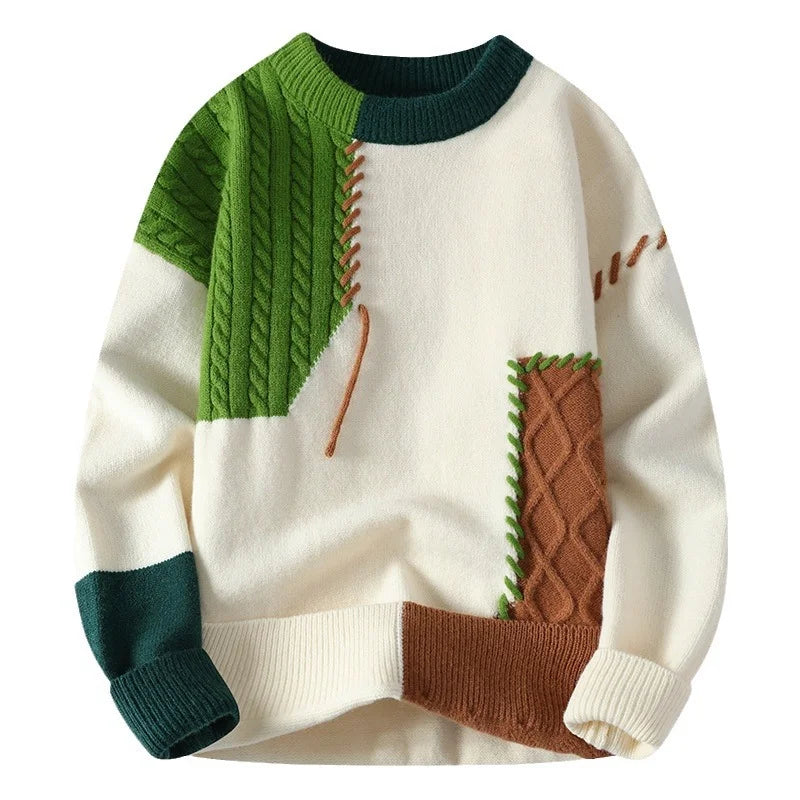 green and brown textured patch knit sweater closeup
