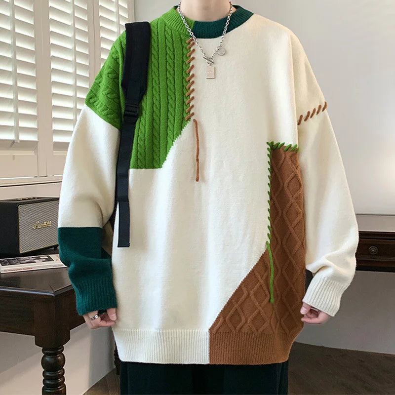 green patch knit sweater worn casually
