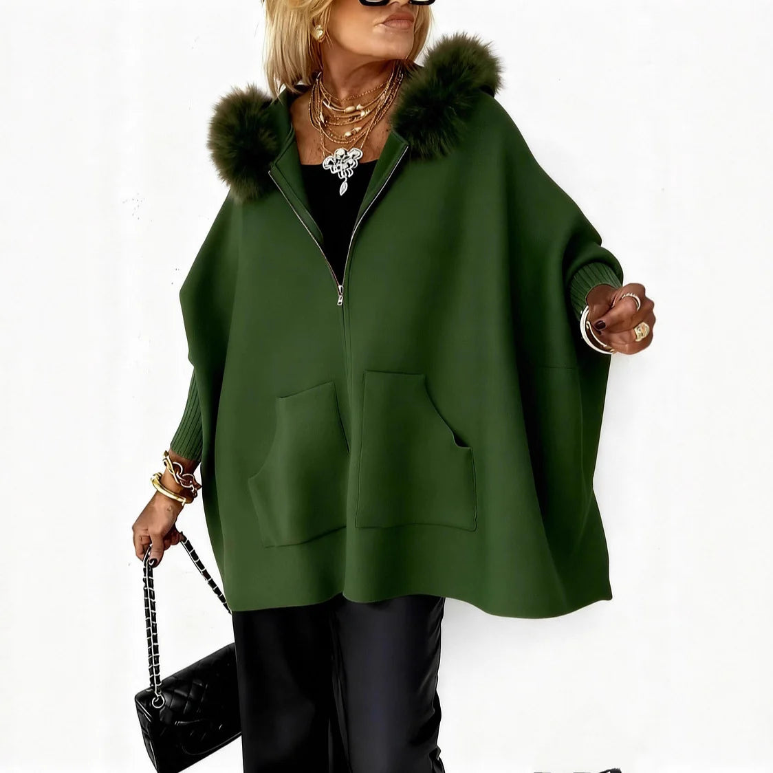 green zip cape with faux fur hood
